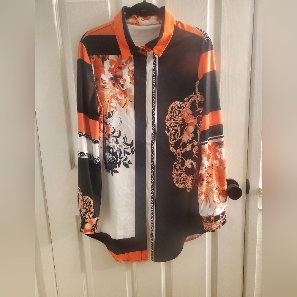 Orange and Black Floral Button Up Blouse